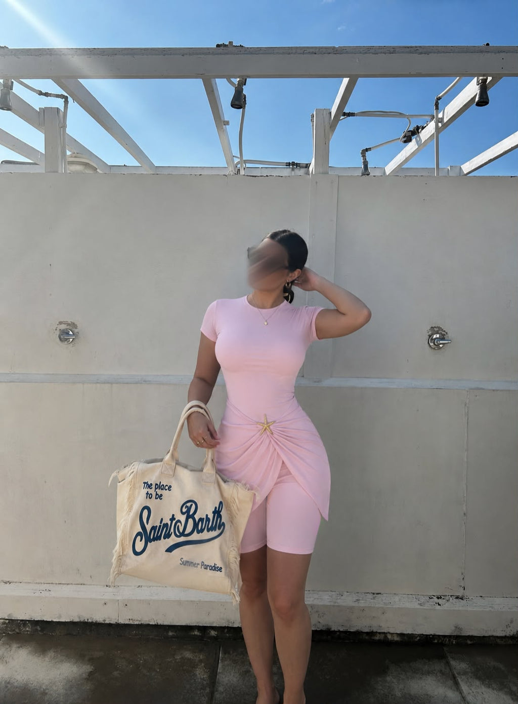 Burkini short avec cache maillot en Baby Pink