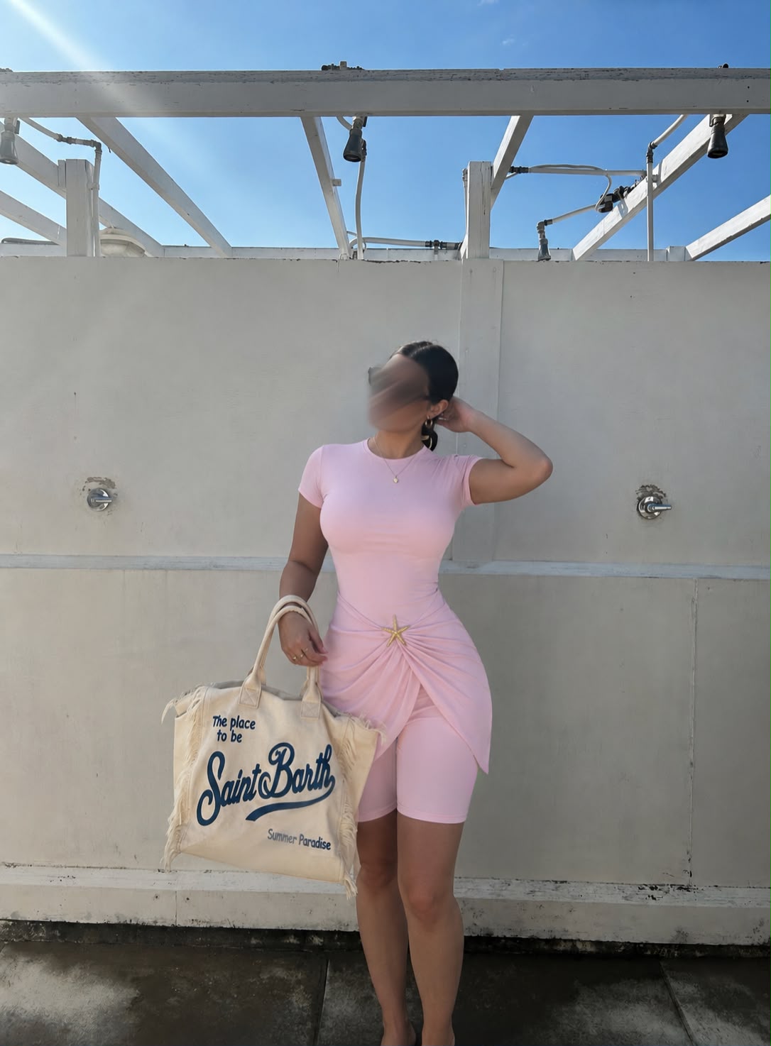 Burkini short avec cache maillot en Baby Pink