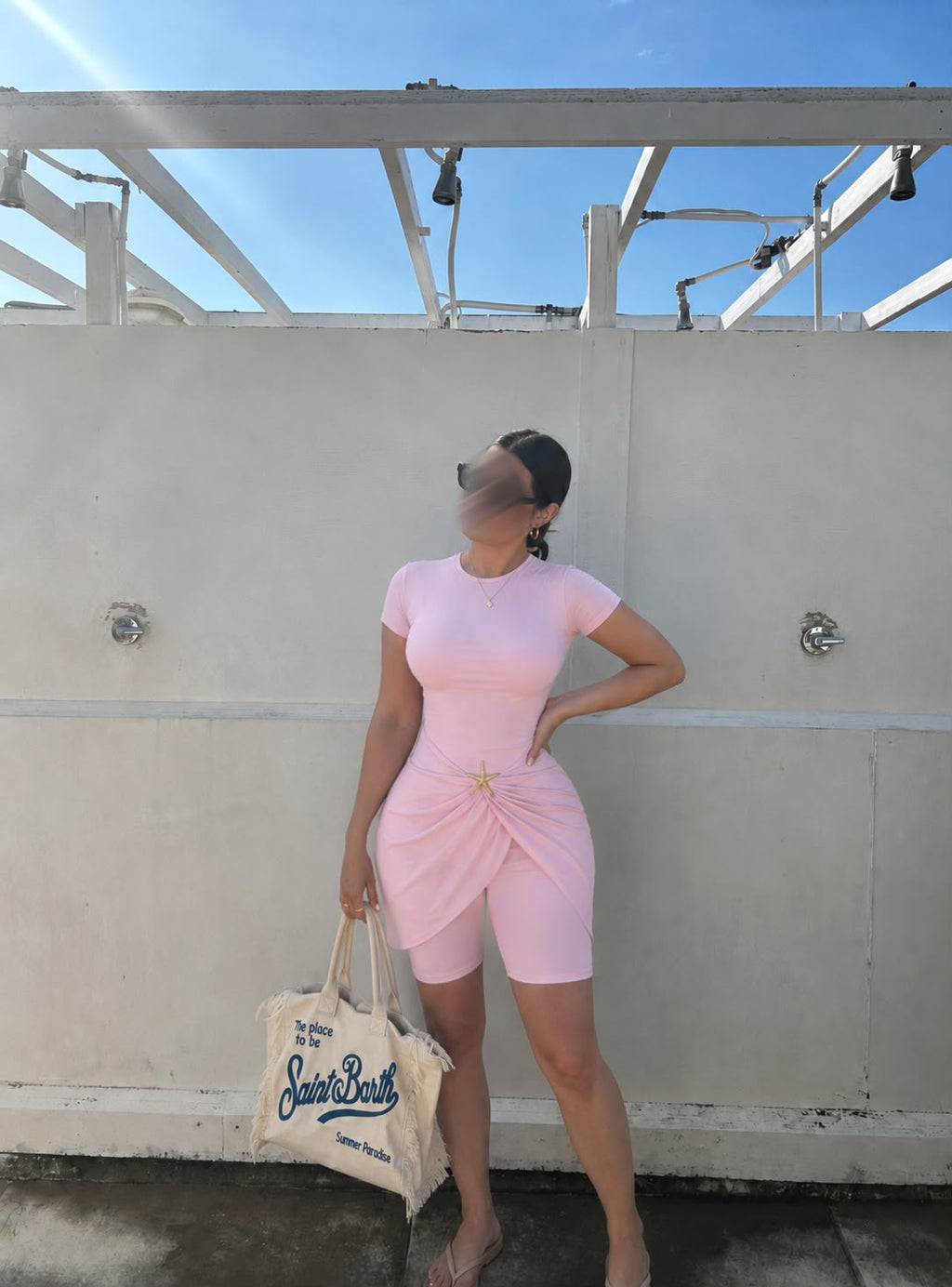 Burkini short avec cache maillot en Baby Pink