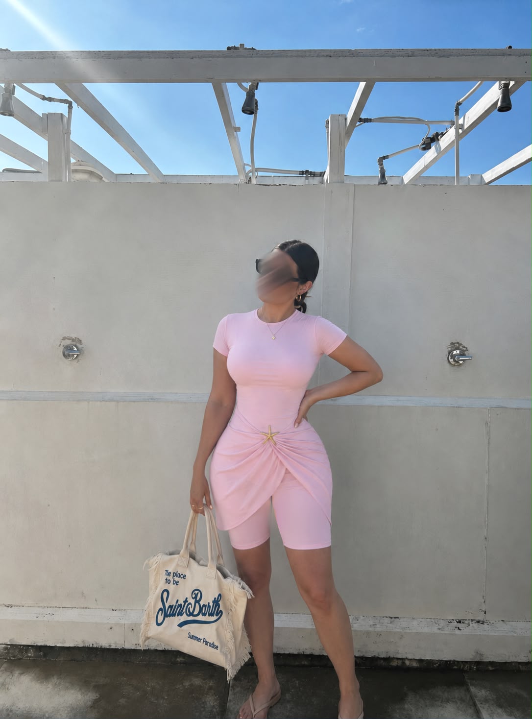 Burkini short avec cache maillot en Baby Pink