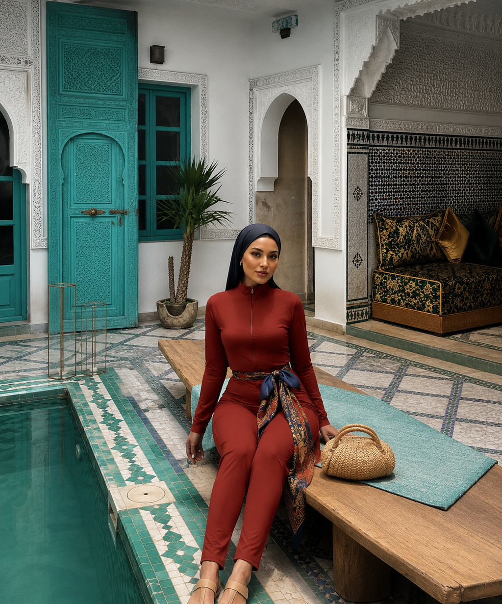 Burkini combine rouge brique - longues manches